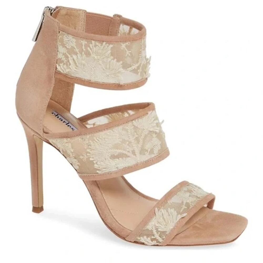Charles David Women's Vania Petal Embroidered Floral Mesh Suede Heels Size 7โ